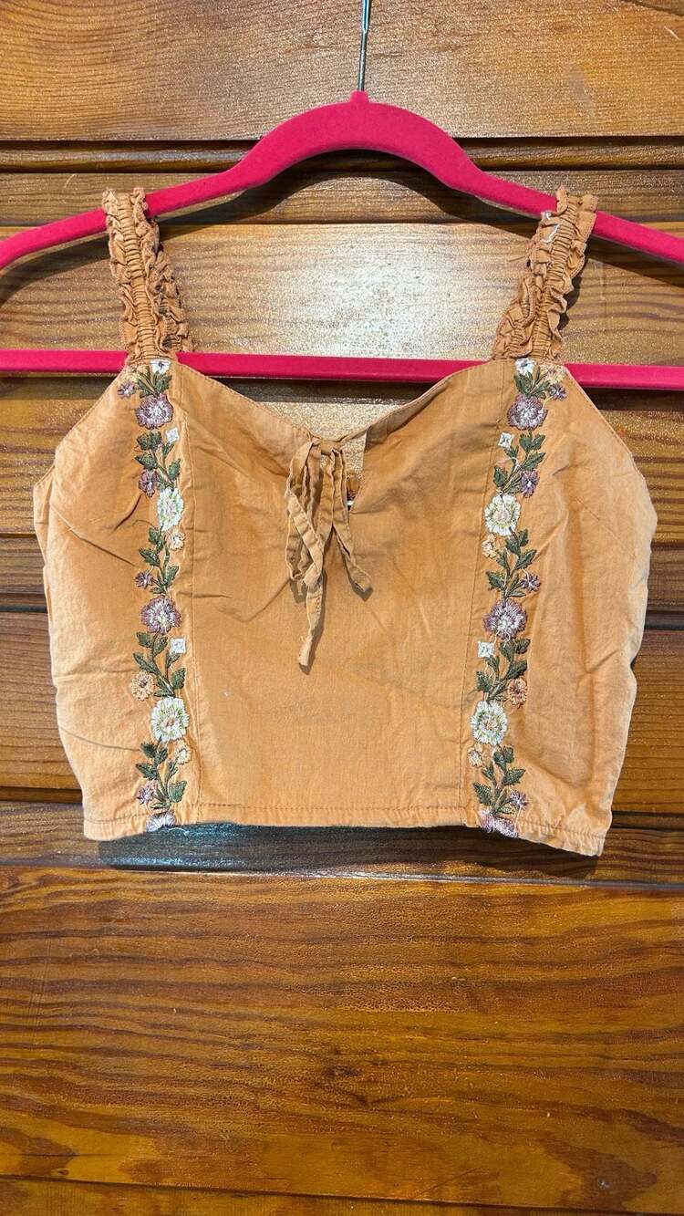 Japna Women's Rust Floral Embroidered Smocked Crop Top Size XS